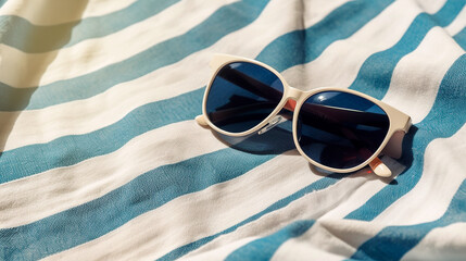 sunglasses on a blue and white striped beach towel. concept of vacation, summer, sales. copy space. Generative AI