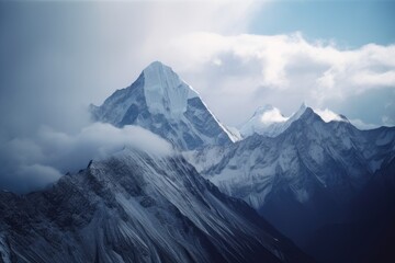 Mount Everest scenic view, mountains and clouds. Generative AI.