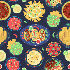 Seamless pattern of traditional mexican food on dark background. Mexican cuisine. Tacos, tortilla, fajitas, nachos, tomales, guacamole, salsa, margarita, chili con carne. Wallpaper, wrapping design