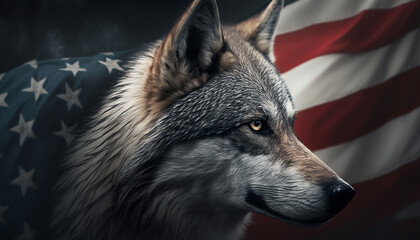 wolf in the snow with american flag generative art