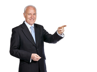 Senior executive in marketing, man pointing in portrait with product placement isolated on...