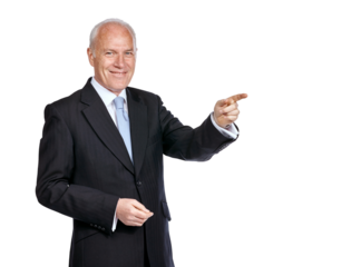 Senior executive in marketing, man pointing in portrait with product placement isolated on transparent, png background. Businessman, advertising and company brand promo in presentation with male CEO
