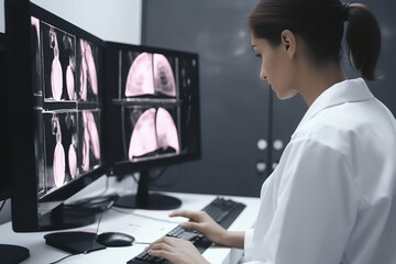 Doctor reviewing mammography results on computer. Generative AI - obrazy, fototapety, plakaty