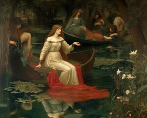 Vintage artwork of romantic and mythological scenes and portraits in a Pre-Raphaelite style