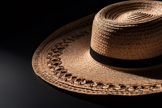 Cropped image of straw hat over black background. Generative AI