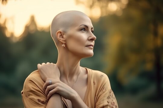 Bald breast cancer survivor, beautiful woman portrait in outdoors. Generative AI