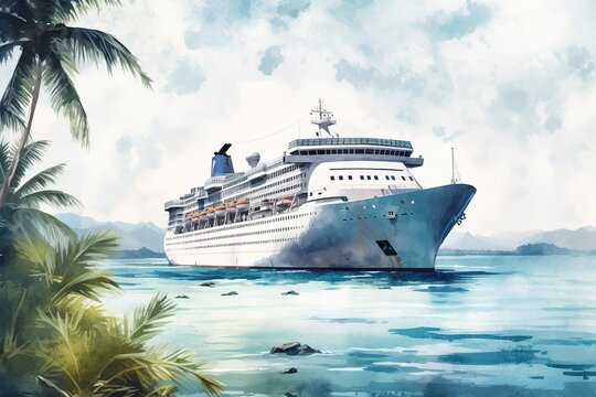 Cruise ship arriving at Caribbean, watercolor digital painting. Generative AI vertical shot