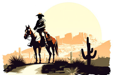 Illustration of a cowboy on a horse in the desert by generative AI