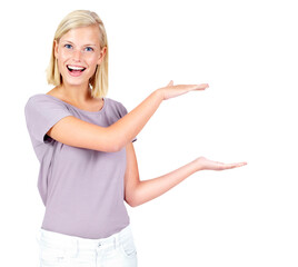 Excited, space and portrait of woman with hands for advertising, branding and logo. Space, hand sign and female model show a gesture box for commercial isolated on a transparent, png background