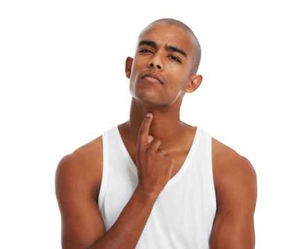 Thinking, idea and portrait of man on png background for problem solving, solution and brainstorming. Confused, questions and why with male isolated on transparent for planning, doubt and wondering