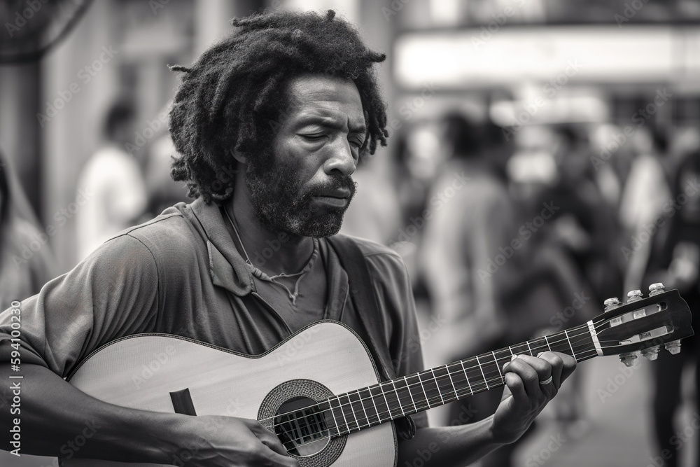 Poster a man with dreadlocks is playing a guitar. ai generative image