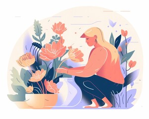 Illustration of woman planting flowers for landing page