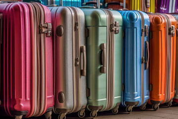 many colored suitcases. travel and vacation concept. shop window. AI generative