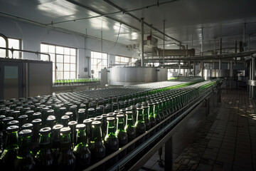 filling beer in to glass bottles at the factory. equipment at the alcoholic plant. AI Generative.