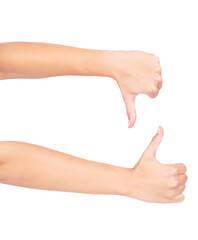 Thumbs up, down and isolated hands of woman on png or transparent background for yes, maybe and no....