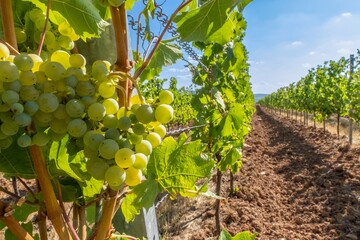 Detailaufnahme von grünen Weintrauben an Rebstöcken an der Mosel - Perfekt für Weinliebhaber und Naturfotografie - obrazy, fototapety, plakaty