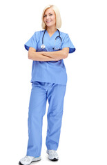 Woman nurse, arms crossed and portrait isolated on transparent, png background for healthcare...