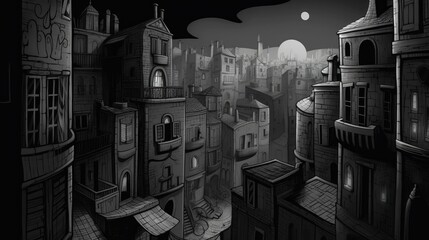 Silent City - A haunting monochromatic illustration
