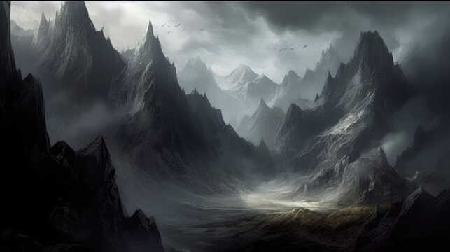 Dark fantasy landscape of muted mountains