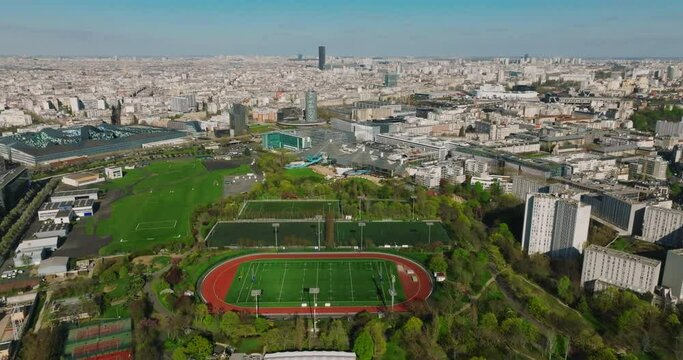 Aerial view a modern sports football stadium in Paris prepared for the Summer Olympic Games in the French capital in 2024. Sports facility in Paris