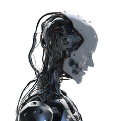 Stylish cyborg robot head in profile / Futuristic man on transparent background, generative ai