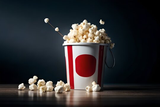 Popcorns Overflowing From The Red Bucket With White, Stylish And Hyper Realistic Concept. Created With Generative Ai Technology.