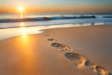 Concept of footprints in the beach sand created with generative Ai technology.