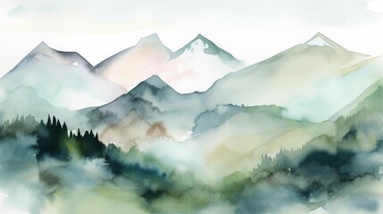 Watercolor painting of mountains with subtle hues
