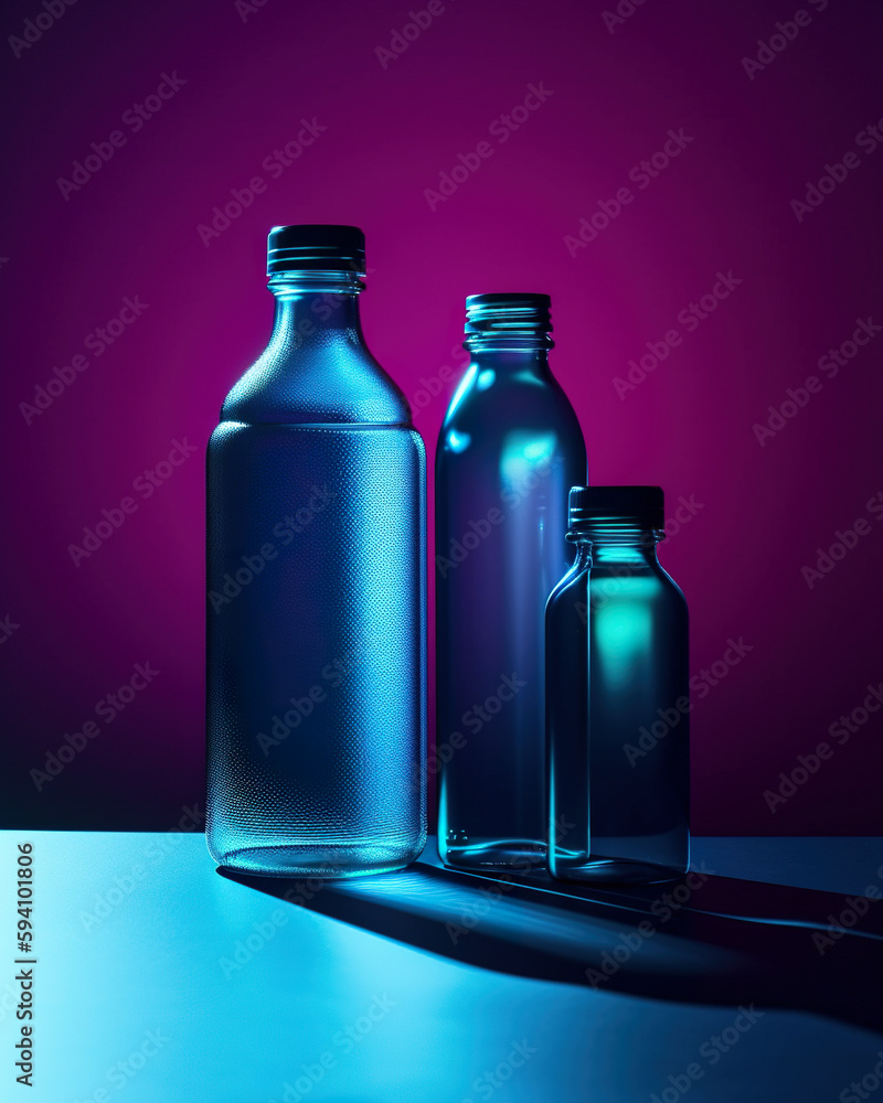 Poster three empty glass bottles sitting on a table. ai generative image