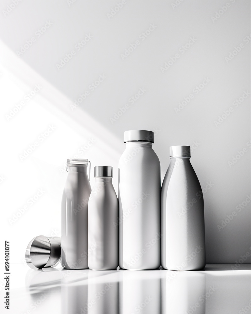 Poster a group of bottles sitting next to each other on a table. ai generative image