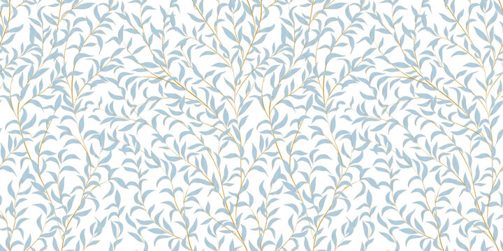 Abstract art background with seamless pattern of tree leaves hand drawn in gold art line style. Botanical banner in vintage style for decoration design, print, textile, interior, wallpaper.