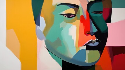 Abstract art with bold shapes and a human portrait