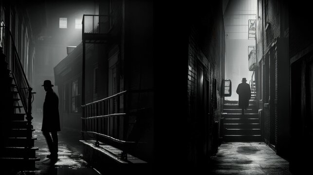 Dark and gritty urban landscape with shadowy figures