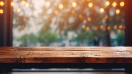 empty wooden table setting in restaurant, copy space, product displacement blurred street background, bokeh filled lights rustic cafe environment, generative ai