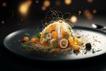Fototapeta na wymiar Exquisite dish, creative restaurant meal concept, haute couture food. Generative AI