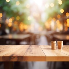 Fototapeta na wymiar empty wooden table setting in restaurant, copy space, product displacement blurred store background, bokeh filled lights rustic cafe environment, generative ai