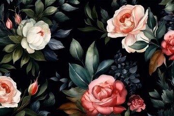 Roses flower watercolor dark seamless pattern. Generative AI