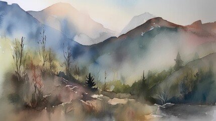 Watercolor mountain art with subtle hues