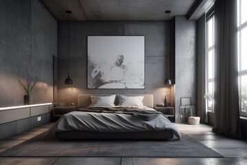 Modern minimalistic bedroom interior with a big empty wall with paint, front view, cinematic, 4k, 3d render, photorealistic, hyperrealistic, CGI, 4K fully detailed, octane render, unreal engine, dept - obrazy, fototapety, plakaty