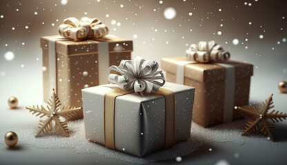 Realistic present background with gift boxes, 3d rendering. Generative AI