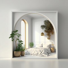 Photorealistic image high definition 4K room for an 18-year-old girl. Room in white with golden details with a hollow white wall suspended an open frame in an open glass frame. Room with a panoramic w - obrazy, fototapety, plakaty