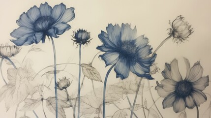 Delicate flower drawing in blue