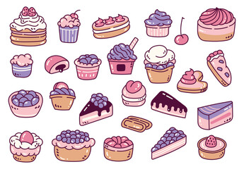 set of delicious desserts doodle icon 