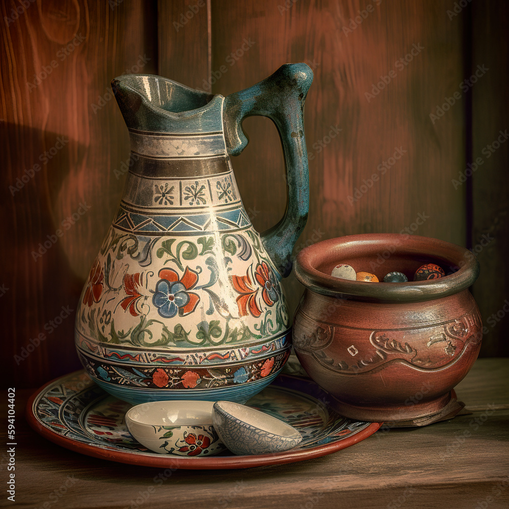 Poster a painting of a pitcher and bowl on a table. ai generative image