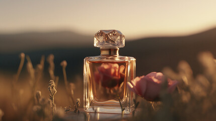Photorealistic 4k Photo rose Perfume bottle in a modern and simple style is located on a neutral background, Wide cinematic shot, meadow, mountains, sunset, backlight, lens flare, cinematic lighting,  - obrazy, fototapety, plakaty