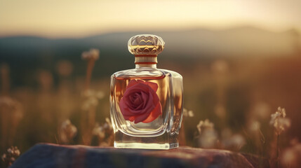 Photorealistic 4k Photo rose Perfume bottle in a modern and simple style is located on a neutral background, Wide cinematic shot, meadow, mountains, sunset, backlight, lens flare, cinematic lighting, 