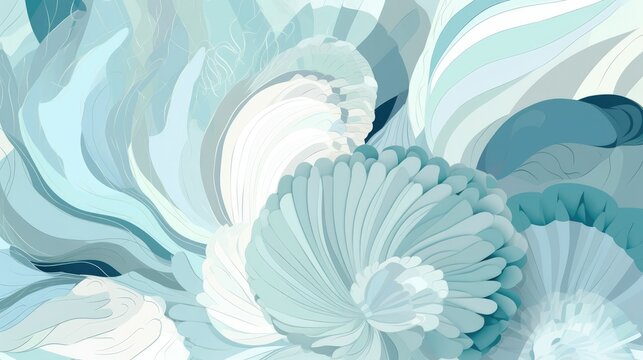 Abstracted seashell illustration in light shades of blue
