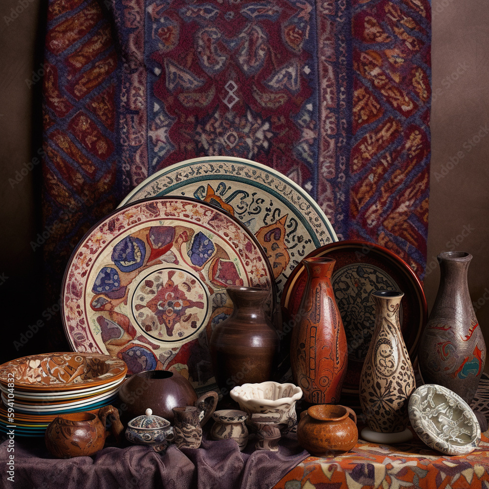 Poster a table topped with lots of vases and plates. ai generative image
