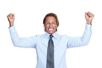 Portrait, winner and business man in celebration isolated on a transparent png background. Success,...