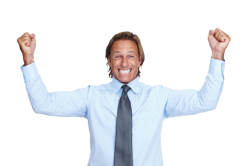 Portrait, winner and business man in celebration isolated on a transparent png background. Success, celebrate and mature person excited for winning, promotion or bonus, goal achievement or good news.